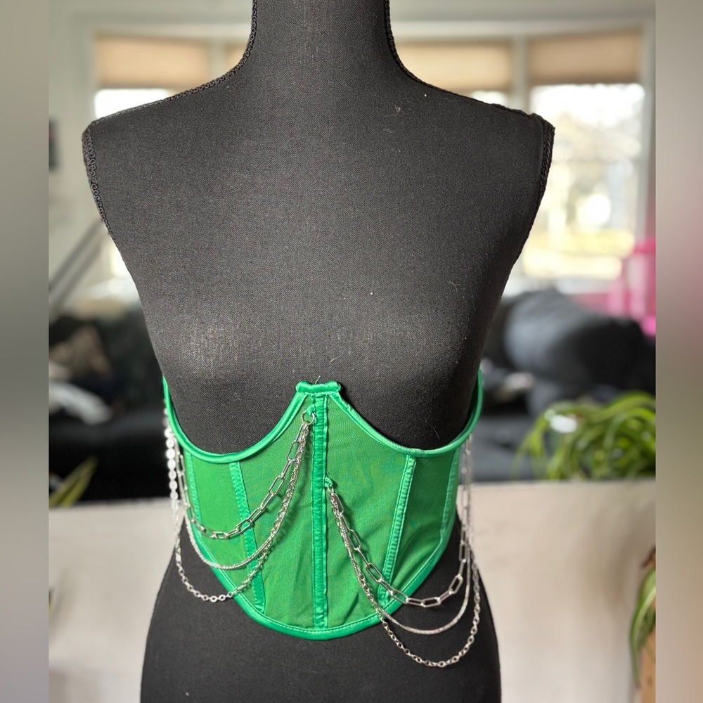 NWT Green Lace Zip Up Under bust Edgy Punk Grunge Chain Detail Corset SZ M